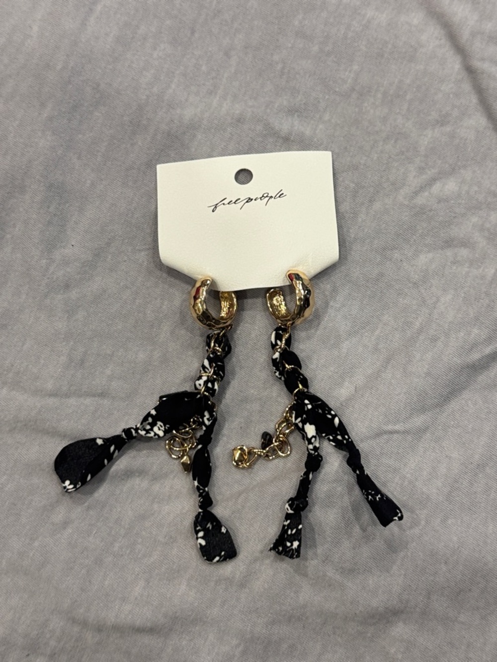 Free People Gold Hoop Earrings with Black & White Floral Tassels